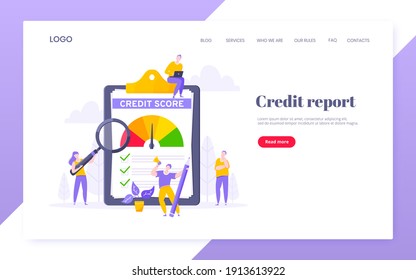 Credit score report with arrow gauge speedometer indicator with color levels on giant clipboard. Measurement from poor to excellent rating with people working together landing page.