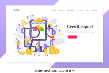Credit score report with arrow gauge speedometer indicator with color levels on giant clipboard. Measurement from poor to excellent rating with people working together landing page.