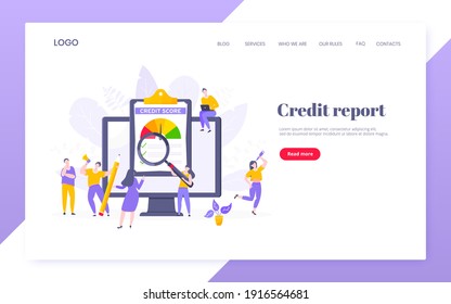 Credit score report with arrow gauge speedometer indicator with color levels on giant clipboard. Measurement from poor to excellent rating with people working together landing page.