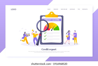Credit score report with arrow gauge speedometer indicator with color levels on giant clipboard. Measurement from poor to excellent rating with people working together landing page.