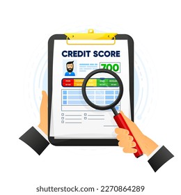 Credit score report in clipboard. Finance history. Business report concept. Credit rating. Vector illustration.