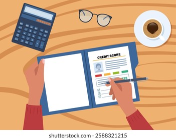 Credit score report in opened folder. Human hands with pen. Coffee and calculator.