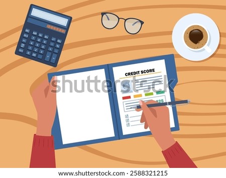Credit score report in opened folder. Human hands with pen. Coffee and calculator.