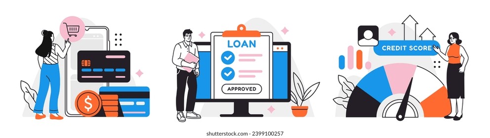 Credit score set. Men and women taking out loan or mortgage to make purchases. Bank evaluates characters creditworthiness. Debit rating. Cartoon flat vector collection isolated on white background