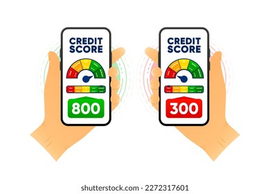 Credit score in smartphone. Finance bad or good history. Business report concept. Excellent, good, fair, uncertain and poor level scale. Credit rating. Vector illustration.