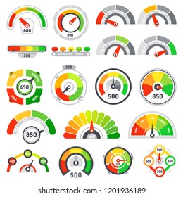 Credit score speedometer. Goods rating indication, good gauge indicator client satisfaction meter ratings and graph speedometers level indicators or quality speedometer isolated vector icons set