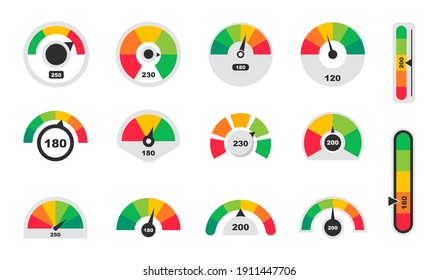 Credit score speedometers. Score indicators. Colored scale speedometers. Vector illustration.