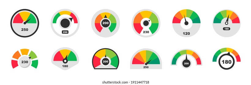 Credit score speedometers. Score indicators. Colored scale speedometers. Vector illustration.