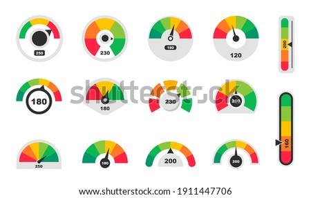 Credit score speedometers. Score indicators. Colored scale speedometers. Vector illustration.
