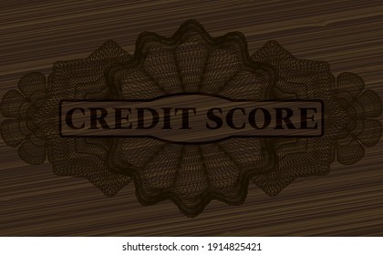 Credit score text inside Linear dark wood emblem. Brown classic background. Artistic illustration. 