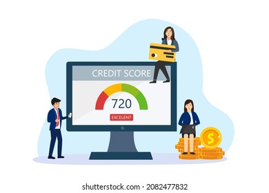 Credit score vector concept: Business people checking credit score while using laptop with credit score text