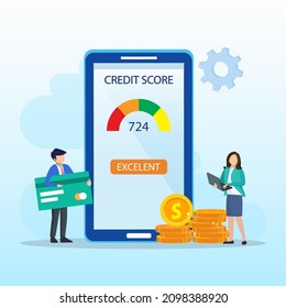 Credit score vector concept, Business people check credit score of  while using laptop and smart phone. Flat vector template Style Suitable for Web Landing Page, Background.