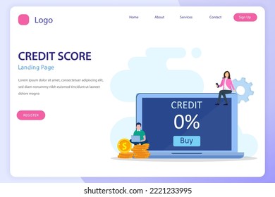 Credit score vector concept, Business people check credit score of while using laptop and smart phone. Flat vector template