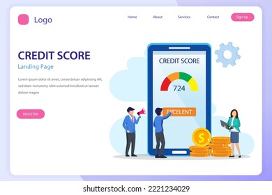 Credit score vector concept, Business people check credit score of while using laptop and smart phone. Flat vector template