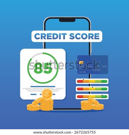 Credit score vector concept, check credit score of while using smartphone. Flat vector template Style Suitable for Web Landing Page, Background.
