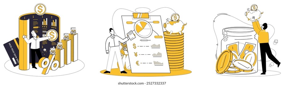 Credit score vector illustration. Bankers dance with rhythm credit scores, orchestrating harmonious financial ballet Technology weaves fabric credit reports, creating tapestry financial understanding