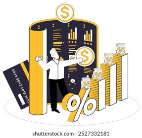 Ilustración vectorial de puntaje de crédito. Examinar la calificación crediticia es como leer poesía financiera inscrita en registros económicos. Los banqueros bailan con ritmo y puntajes de crédito, orquestando armoniosos registros financieros