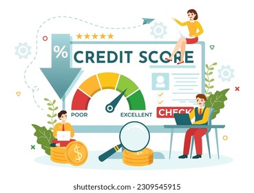 Credit Score Vector Illustration with Loan Arrow Gauge Speedometer Indicator from Poor to Good Rate in Flat Cartoon Hand Drawn Templates