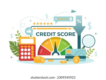 Credit Score Vector Illustration with Loan Arrow Gauge Speedometer Indicator from Poor to Good Rate in Flat Cartoon Hand Drawn Templates