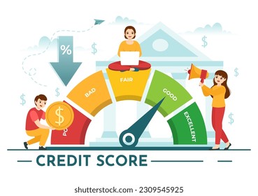 Credit Score Vector Illustration with Loan Arrow Gauge Speedometer Indicator from Poor to Good Rate in Flat Cartoon Hand Drawn Templates