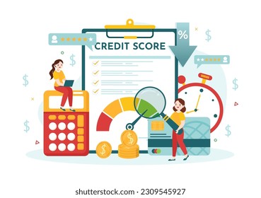 Credit Score Vector Illustration with Loan Arrow Gauge Speedometer Indicator from Poor to Good Rate in Flat Cartoon Hand Drawn Templates