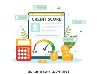 Credit Score Vector Illustration with Loan Arrow Gauge Speedometer Indicator from Poor to Good Rate in Flat Cartoon Hand Drawn Templates