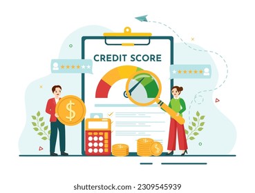 Credit Score Vector Illustration with Loan Arrow Gauge Speedometer Indicator from Poor to Good Rate in Flat Cartoon Hand Drawn Templates