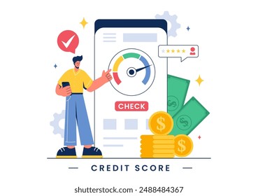 Credit Score Vector Illustration with Loan Arrow Gauge Speedometer Indicator Showing Ratings from Poor to Good in a Flat Cartoon Style Background