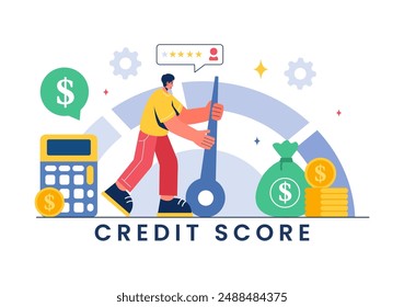 Credit Score Vector Illustration with Loan Arrow Gauge Speedometer Indicator Showing Ratings from Poor to Good in a Flat Cartoon Style Background