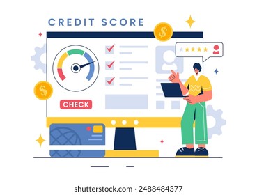 Credit Score Vector Illustration with Loan Arrow Gauge Speedometer Indicator Showing Ratings from Poor to Good in a Flat Cartoon Style Background