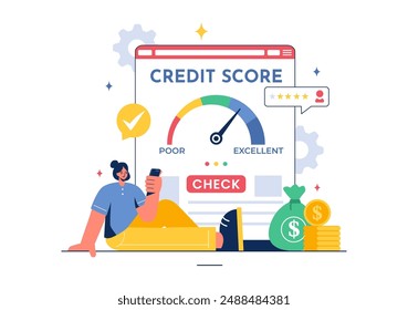 Credit Score Vector Illustration with Loan Arrow Gauge Speedometer Indicator Showing Ratings from Poor to Good in a Flat Cartoon Style Background