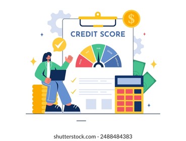 Credit Score Vector Illustration with Loan Arrow Gauge Speedometer Indicator Showing Ratings from Poor to Good in a Flat Cartoon Style Background