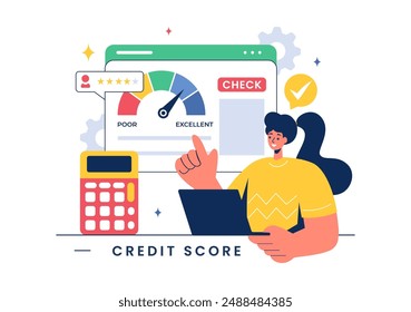 Credit Score Vector Illustration with Loan Arrow Gauge Speedometer Indicator Showing Ratings from Poor to Good in a Flat Cartoon Style Background