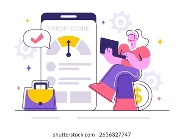 Credit Score Vector Illustration with a Loan Arrow Gauge Speedometer Indicator Displaying Ratings from Poor to Good in a Flat Style Background