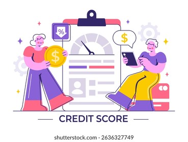 Credit Score Vector Illustration with a Loan Arrow Gauge Speedometer Indicator Displaying Ratings from Poor to Good in a Flat Style Background