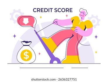 Credit Score Vector Illustration with a Loan Arrow Gauge Speedometer Indicator Displaying Ratings from Poor to Good in a Flat Style Background