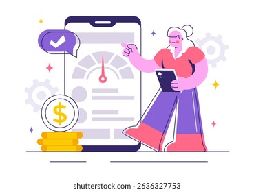 Credit Score Vector Illustration with a Loan Arrow Gauge Speedometer Indicator Displaying Ratings from Poor to Good in a Flat Style Background