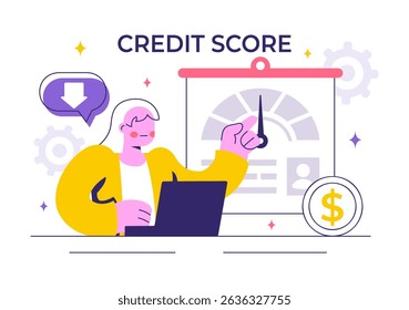 Credit Score Vector Illustration with a Loan Arrow Gauge Speedometer Indicator Displaying Ratings from Poor to Good in a Flat Style Background