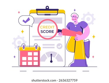 Credit Score Vector Illustration with a Loan Arrow Gauge Speedometer Indicator Displaying Ratings from Poor to Good in a Flat Style Background
