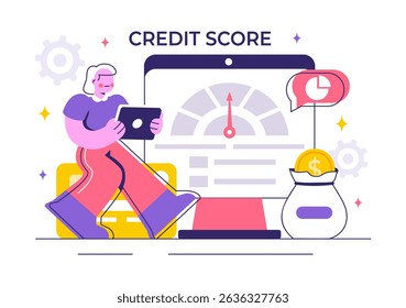Credit Score Vector Illustration with a Loan Arrow Gauge Speedometer Indicator Displaying Ratings from Poor to Good in a Flat Style Background