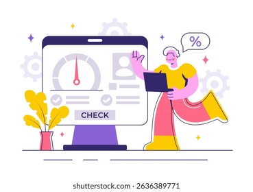 Credit Score Vector Illustration with a Loan Arrow Gauge Speedometer Indicator Displaying Ratings from Poor to Good in a Flat Style Background