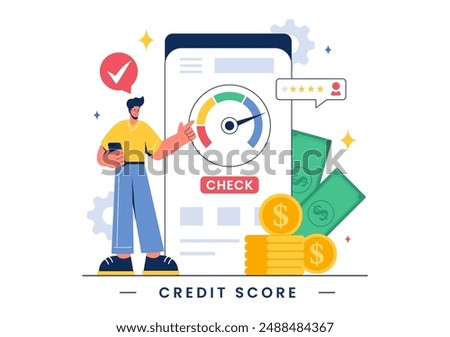 Credit Score Vector Illustration with Loan Arrow Gauge Speedometer Indicator Showing Ratings from Poor to Good in a Flat Cartoon Style Background