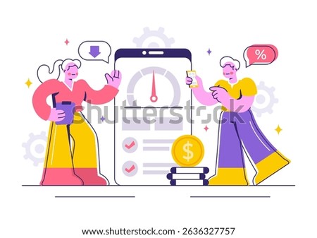 Credit Score Vector Illustration with a Loan Arrow Gauge Speedometer Indicator Displaying Ratings from Poor to Good in a Flat Style Background