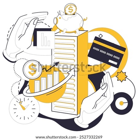 Credit score vector illustration. Personal finance becomes captivating novel, with credit score metaphor narrating tale The rate financial success is measured by beats in credit scores rhythmic dance