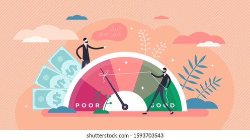 Credit score vector illustration. Wealth evaluation in flat tiny persons concept. Financial and economical situation improvement from poor to good for mortgage bank reports. Payment history data meter