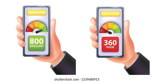 Credit score vector meter app concept, hand holding smartphone, personal finance business rating. Mortgage good bad gauge level, average money measurement, excellent poor history status. Credit score