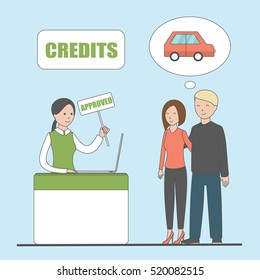 Credit service concept. Couple needs credit for a new car.