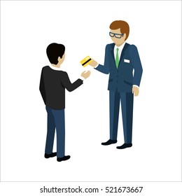 Credit service vector concept in isometric projection. Customer received credit card from bank employee. Illustration for business, finance companies ad, apps design, icons, infographics.  