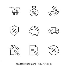 Los Iconos de Línea Vector de Juego de Crédito Contiene Iconos de Porcentaje, Inversión, Porcentaje de Banco Piggy, Tasas, Interés de Préstamo, Negocios y más. Icono editable, iconos aislados