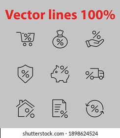 Los Iconos de Línea Vector de Juego de Crédito Contiene Iconos de Porcentaje, Inversión, Porcentaje de Banco Piggy, Tasas, Interés de Préstamo, Negocios y más. Icono editable, iconos aislados